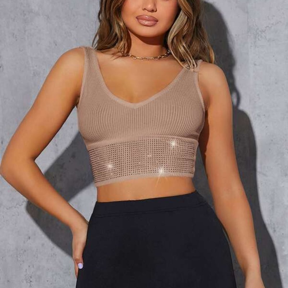 SXY Ribbed Knit Rhinestone Crop Top
